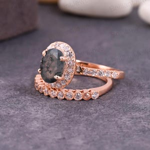 Oval Moss Agate Engagement Ring Set: Rose Gold Moissanite & Diamond Art Deco Promise Ring
