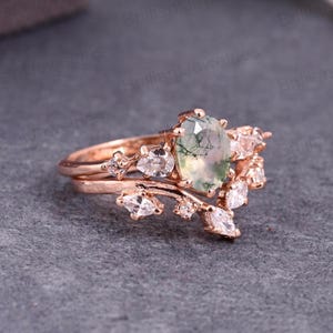 Moss Agate Engagement Ring Set: Vintage 14k Rose Gold Bridal Jewelry