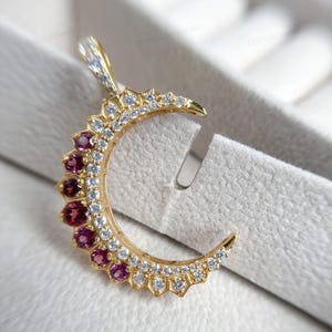 Red Garnet Rhodolite Sterling Silver Moon Hafe Moon Nacklace, Cubic Zirconium Moon Phase Nacklace, Moon Pendant, Crescent Moon Charm Pendant