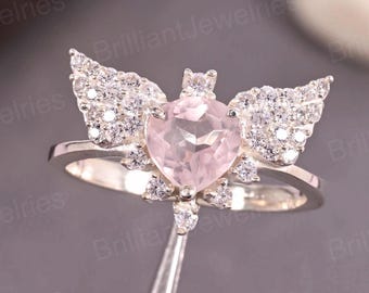 Rose Quartz Heart Ring: Sterling Silver Band with Angel Wings