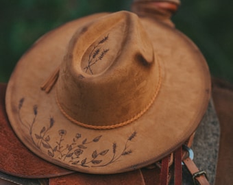 Wide Brim Hat with Pyrography Burned Floral and Wheatgrass Design