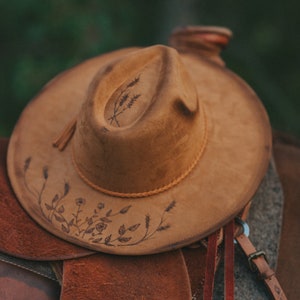 Wide Brim Hat with Pyrography Burned Floral and Wheatgrass Design