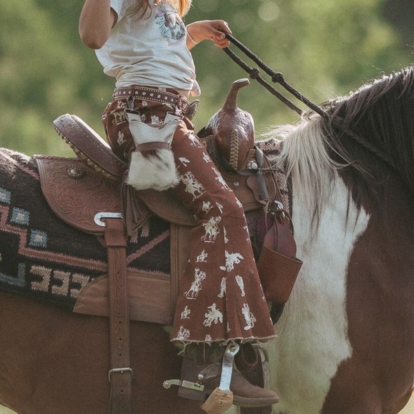 Youth Bell Bottoms Chocolate Brown Rodeo Design - Kids Western Denim Flare Pants