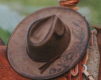 Wide Brim Hat with Pyrography Burned Floral and Mountain Design