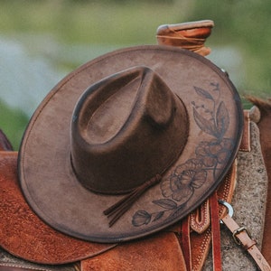 Burned Hat with Pyrography Floral and Mountain Design - Wide Brim or Cowboy Style