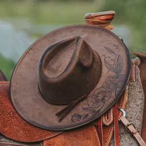 Wide Brim Hat with Pyrography Burned Floral and Mountain Design image 1