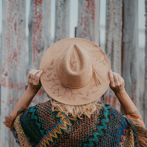 Wide Brim Hat with Pyrography Burned Sunflower Design