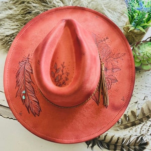Burned Hat - Wide Brim Cowgirl Hat with Pyrography Burned Feather and Floral Design