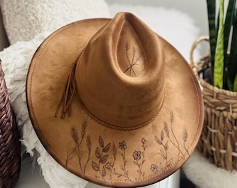 Hand Burned Wheatgrass and Floral Design Hat | Western Cowgirl Suede Look Hat | Adjustable Wide Brim Distressed Ranch Style