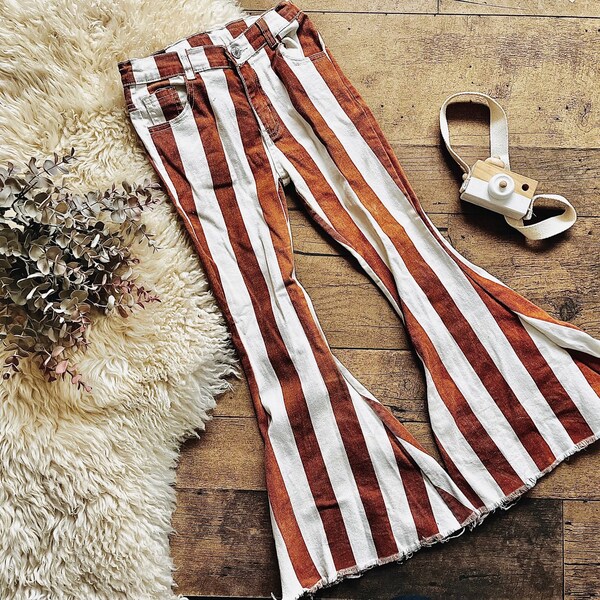 Youth Bell Bottoms Brown Striped - Kids Western Denim Flare Pants