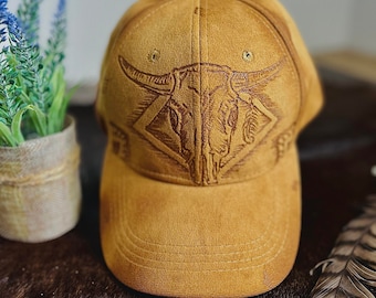 Baseball Hat Burned Design - Pyrography Burned Baseball Cap with Western Design