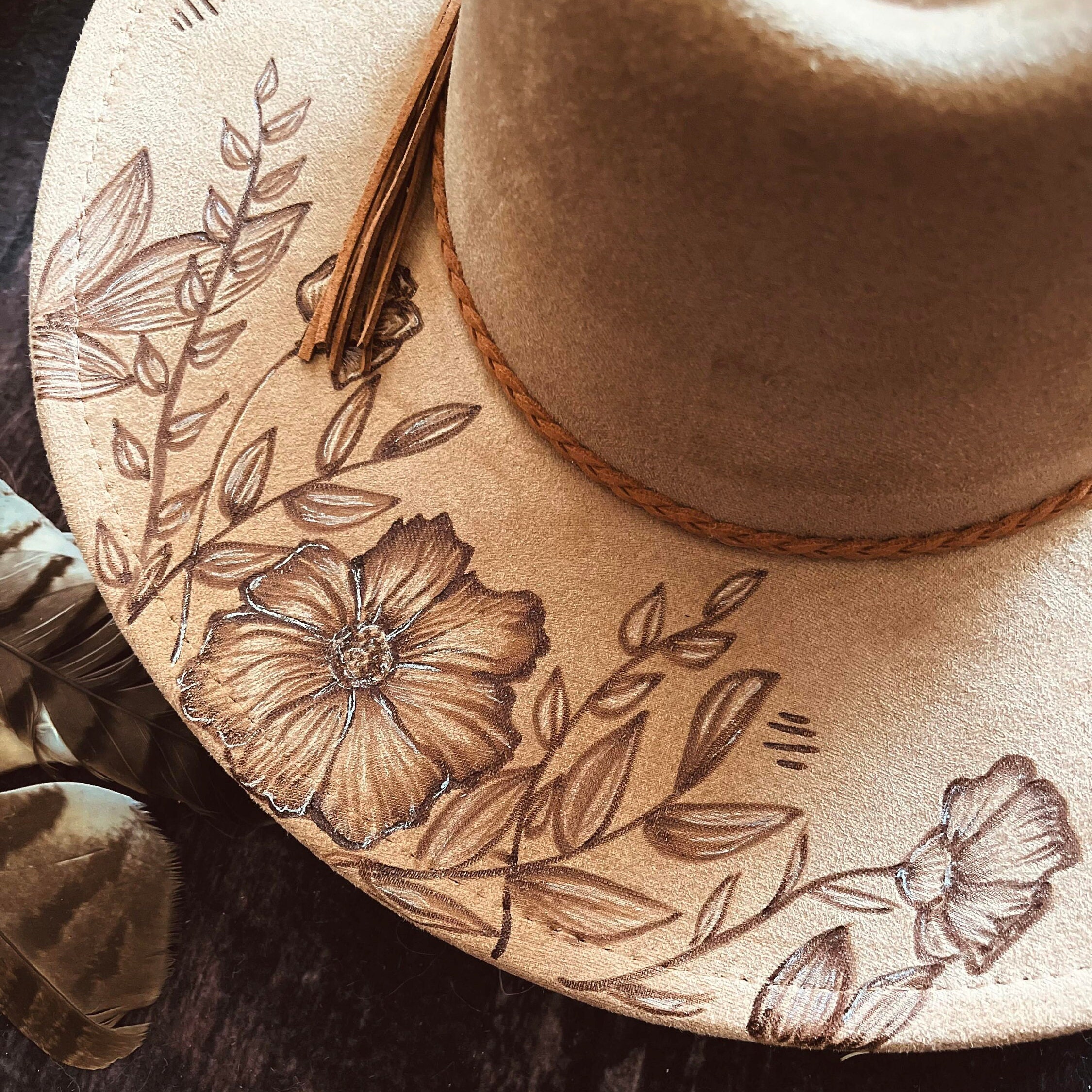 Hand Burned, one of a kind, Burgundy idlewood cowgirl Hat w/Feather and floral COWBOY Brim Sunflower - Custom Hand Burned Hat – Wild Child  main image 3