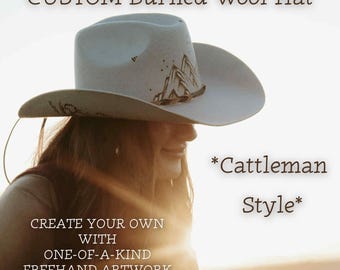 Hand designed western hat. Concert festival rodeo Custom Hand Burned Wide Brim Fedora Hat | Eric Church  main image 2