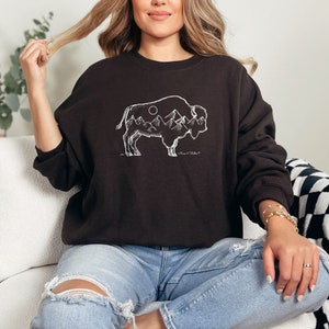Bison Crewneck Sweater | Mountain Buffalo Sketch Graphic Design | Camping Hiking Casual Sweatshirt
