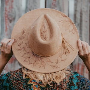 Hand Burned Sunflower Hat | Western Cowgirl Suede Look Hat | Adjustable Wide Brim | Rancher Style