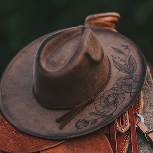 Wide Brim Hat with Pyrography Burned Floral and Mountain Design image 1