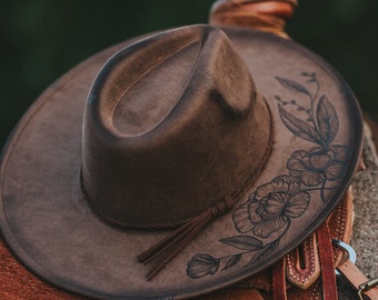 Wide Brim Hat with Pyrography Burned Floral and Mountain Design