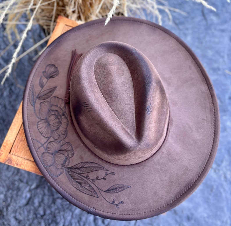 Wide Brim Hat with Pyrography Burned Floral and Mountain Design image 5