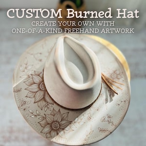Custom Hand Burned Hat | Pyrography Flat Brim or Cowboy Hat | Artisan Engraved Felt | Unique Cowgirl Gift | Rodeo Festival Fashion