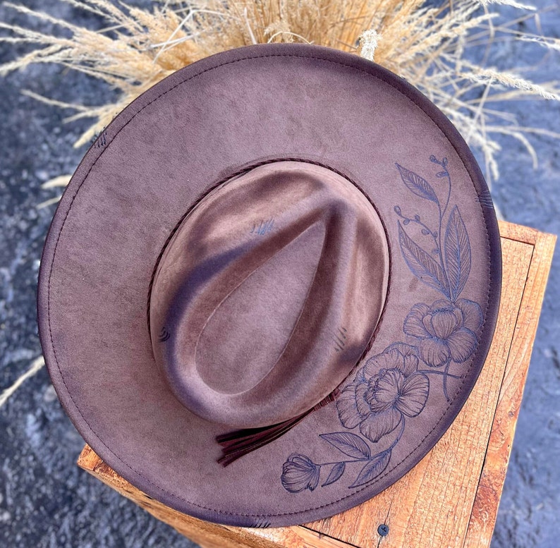 Wide Brim Hat with Pyrography Burned Floral and Mountain Design image 3