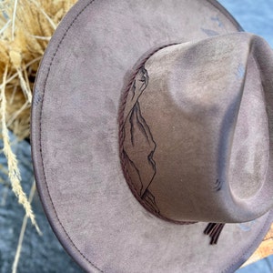 Wide Brim Hat with Pyrography Burned Floral and Mountain Design image 2