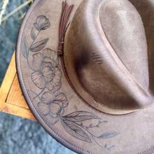 Wide Brim Hat with Pyrography Burned Floral and Mountain Design image 4