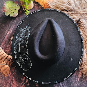 Burned Hat - Wide Brim Hat with Pyrography Burned Feather Design