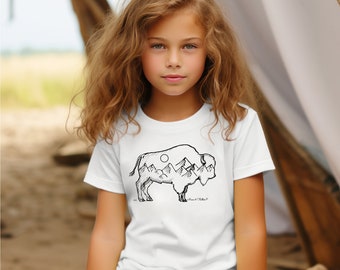 Kids Buffalo T-Shirt, Youth Bison Sketch Graphic Tee, Country Shirt, Vintage Western Tee, Cowboy T-Shirt