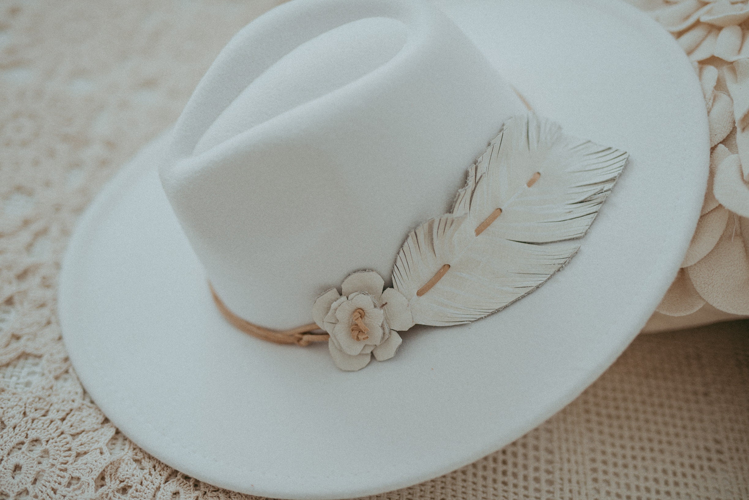 Bridal Western Hat With Leather Feather Band | White or 