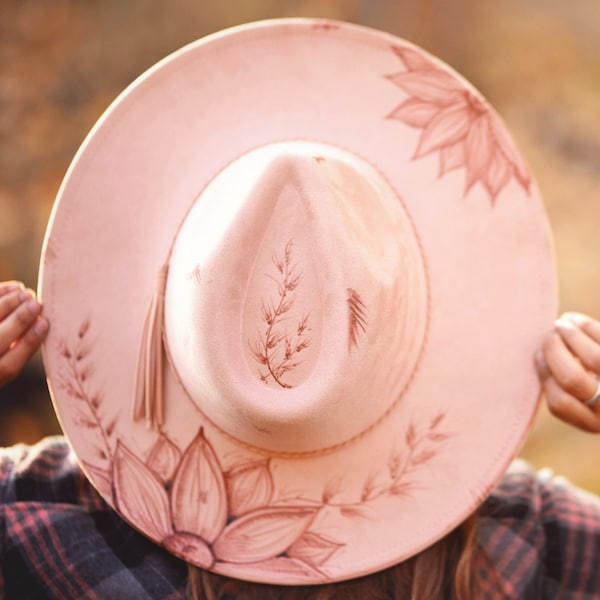 Burned Hat with Pyrography Sunflower Design | Wide Brim or Cowboy Style