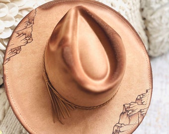 Hand Burned Mountain Hat | Western Cowgirl Suede Look | Adjustable Wide or Cowboy Brim | Distressed Ranch Style