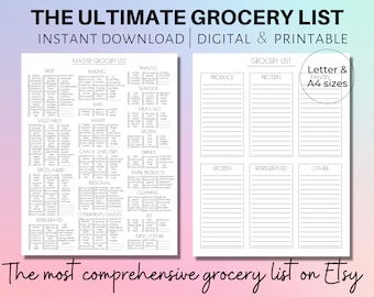 May include: A printable grocery list template with sections for fruit, vegetables, baking, snacks, seafood, meat, frozen, canned goods, spices, personal care, cleaning, drinks, paper products, condiments, refrigerated, and other items. The template also includes a separate grocery list with sections for produce, protein, frozen, refrigerated, and other items. The template is available in letter and A4 sizes.