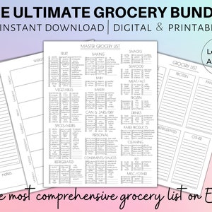 May include: Printable grocery list bundle in black and white with categories for fruit, vegetables, baking, baby, meat, snacks, seafood, frozen, drinks, spices, condiments, cleaning, and more. The bundle includes two sizes: Letter and A4.