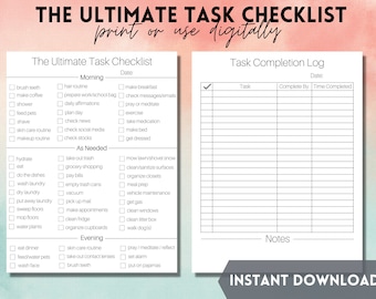 May include: A printable checklist for daily tasks, divided into morning, as needed, evening, and a task completion log. The checklist includes items like brush teeth, make coffee, eat, do the dishes, and more. The task completion log has columns for task, complete by, and time completed.