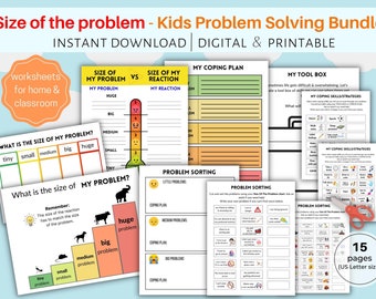 May include: Printable worksheets for kids to help them learn about problem solving. The worksheets include activities for identifying the size of a problem, coping skills, and problem sorting. The worksheets are in US Letter size and there are 15 pages in total.