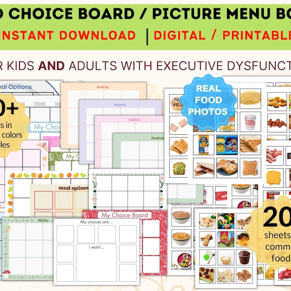 Food Choice Board, Menu Board, Visual Aid, Meal Planner, Digital, Autism, ADHD, Executive Function, Autism Printable, Kids, Adults