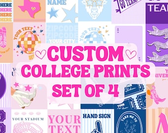 CUSTOM SET OF 4 College Prints Digital Download | Personalized University, Custom College Apartment Dorm Decor, Roommate & Graduation Gift