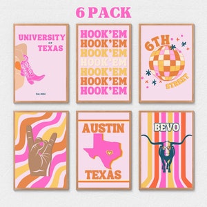 Impresiones digitales de la Universidad de Texas, naranja rosa retro, lindas impresiones de Austin, póster de UT, arte de pared de decoración universitaria, decoración preppy de Longhorn, Bevo