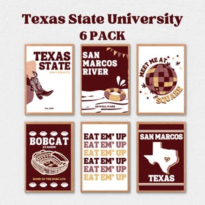 Impresiones digitales en color granate de la Universidad Estatal de Texas, lindas impresiones de Austin, póster de TXST, arte mural universitario, apartamento de niña de TX, decoración preppy de Bobcat