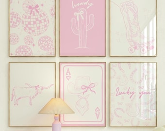 Disco Cowgirl Wall Art Set of 6 – Trendy Coquette Western Dorm Prints, Pink & White Digital Download Gallery Set, Girly Apartment Aesthetic