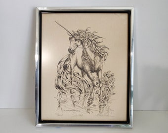 1976 Nancy Chien-Eriksen "Silent Call" unicorn print artist signed unicorn print