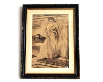 Framed Pencil Drawing of Karel Viteslav Masek's Toaleta - Lady