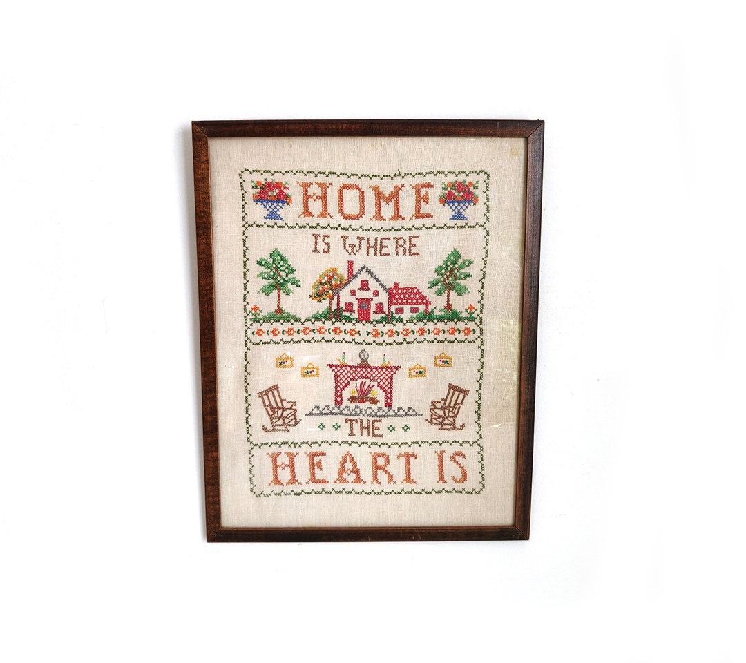 Vintage Home is Where the Heart is Cross Stitch in Wooden Frame Etsy
