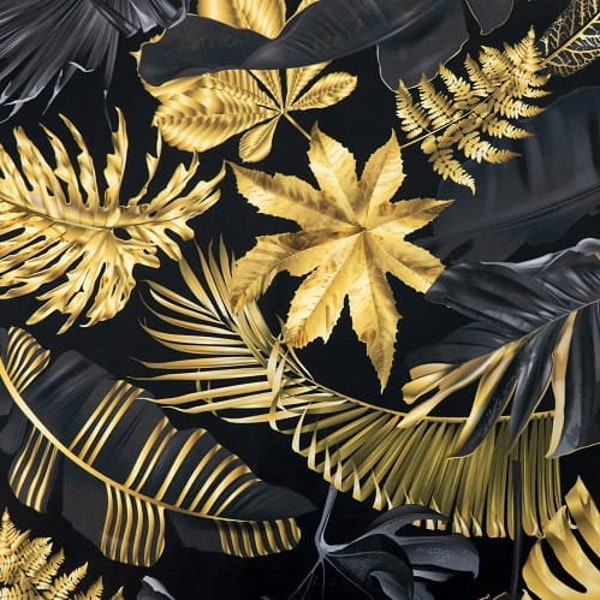 POLSTER VELOR Tropische Blätter Gold auf Schwarz (großes Muster) - Samt, Aksamit, Home Dekor, DIY