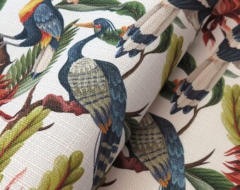 UPHOLSTERY WOVEN Printed Fabric Portland Exotic Birds On Light Beiges- Home Decor, DIY