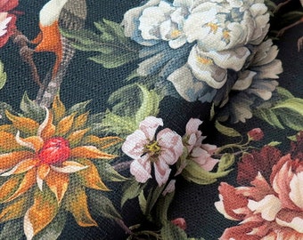 UPHOLSTERY WOVEN Printed Fabric Portland Birds And Peonies On Black- Home Decor, DIY