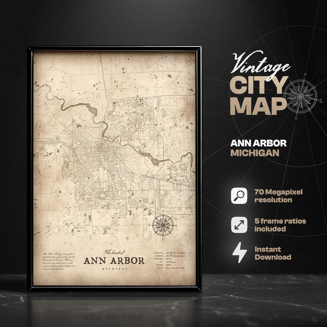 Ann Arbor Vintage City Map Digital Print, Map of Ann Arbor, Michigan ...