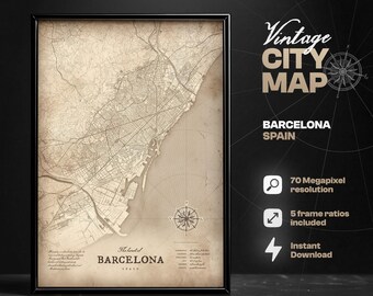 Impression numérique de carte de la ville de Barcelone vintage, carte de Barcelone, Espagne, impression de carte, décoration d'intérieur, art mural carte, idée cadeau, cadeau Barcelone