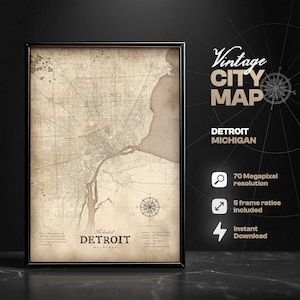 Impresión digital del mapa vintage de Detroit, mapa de Detroit, Michigan, impresión de mapas, decoración del hogar, arte mural con mapas, ideas de regalo, mapa de Detroit