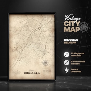 Brüssel Vintage Stadt Karte Digitaldruck, Karte von Brüssel, Belgien, EU-Hauptstadt, Wohnkultur, Geschenkidee, Brüssel Druck, belgisch